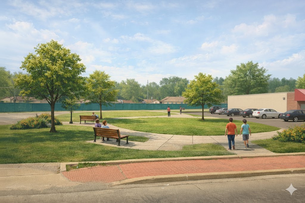Concept vision of a small community park at 2929 Woodson Rd